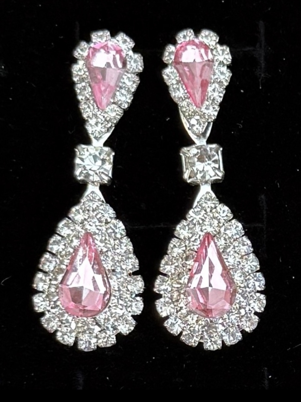 Elegant Pink Crystal Clear Bling Silvertone Drop Pierced Earrings